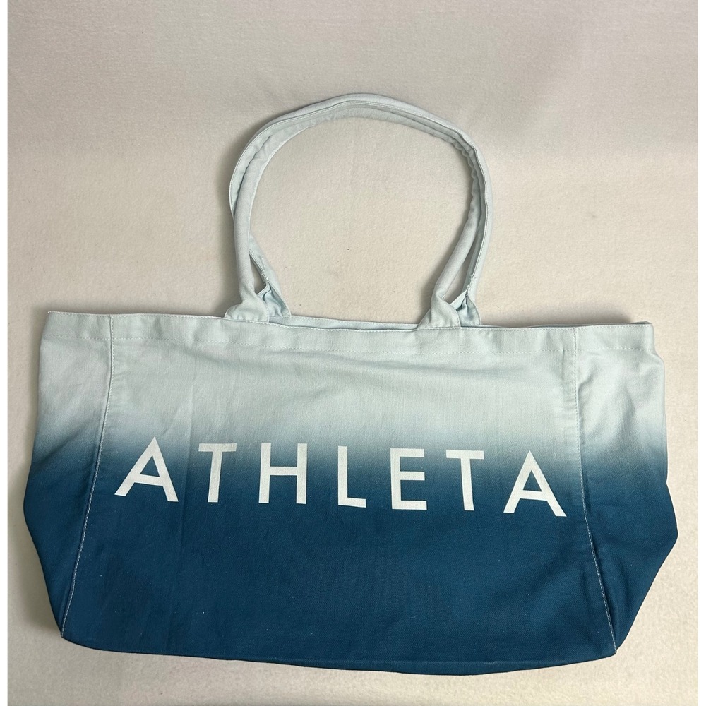 Sporty Ombre Athleta Womens Large Blue Canvas Dip Dye Logo Tote Bag Shoulder Bag